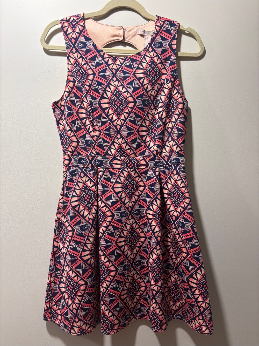 Fit-and-Flare Dress in Pink & Navy pattern - open upper back
